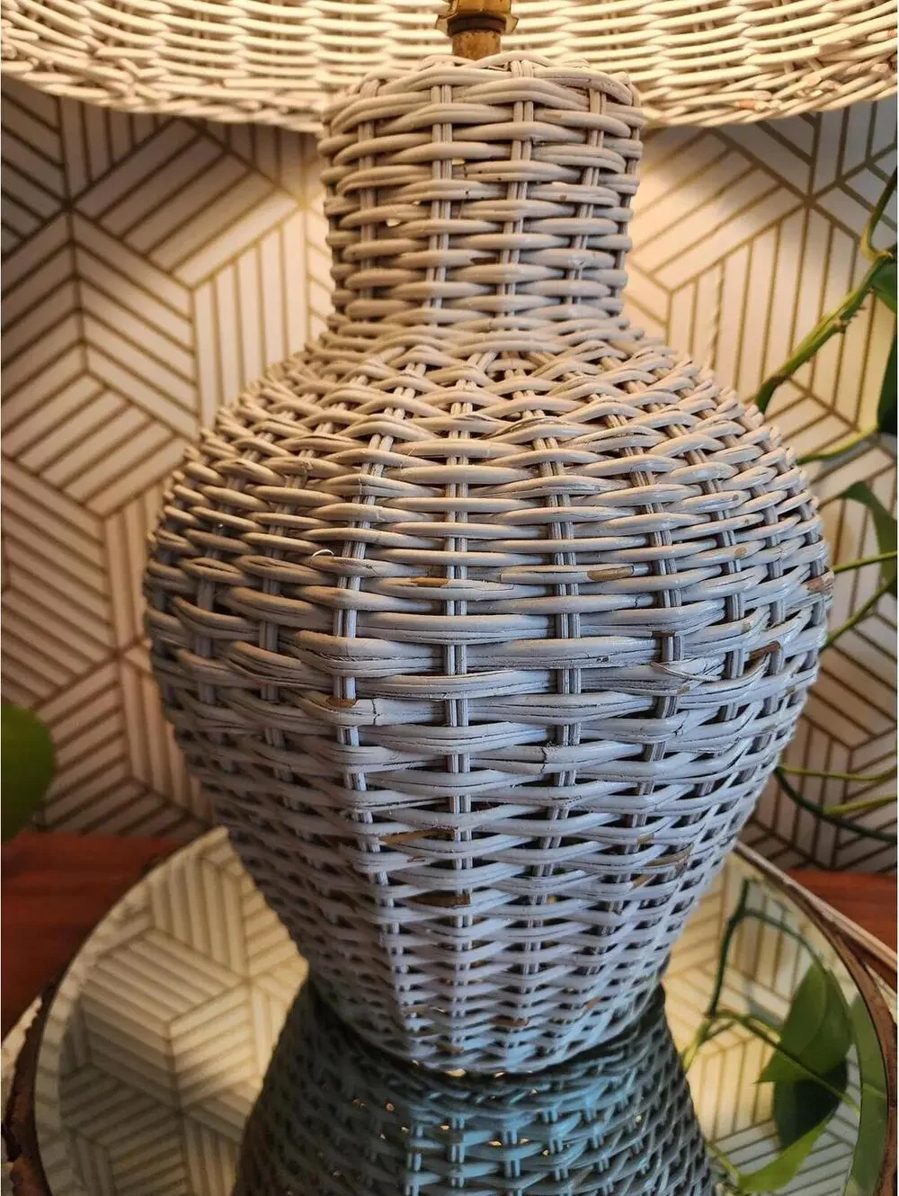 Mid-Century Coastal Boho Chic White Wicker Table Lamp and Shade